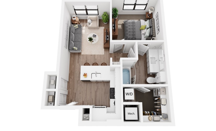 Olive A1a.6 - 1 bedroom floorplan layout with 1 bathroom and 628 square feet