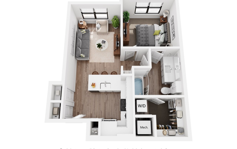 Olive A1a.6 - 1 bedroom floorplan layout with 1 bathroom and 628 square feet