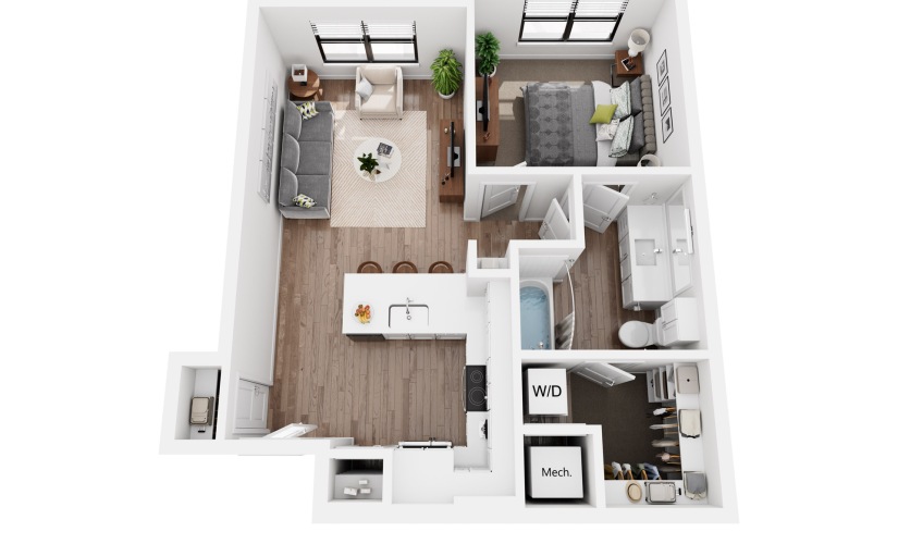 Fern A2.8 - 1 bedroom floorplan layout with 1 bathroom and 652 square feet