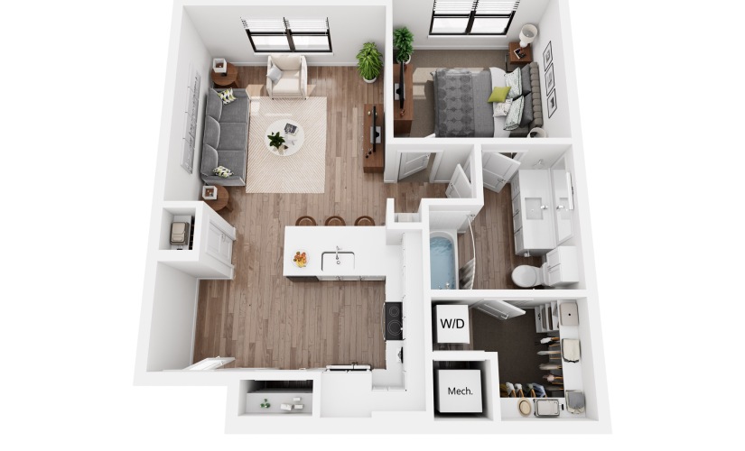 Fern A2a.6 - 1 bedroom floorplan layout with 1 bathroom and 690 square feet