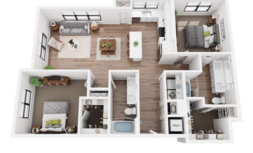 Hunter B3.8 - 2 bedroom floorplan layout with 2 bathrooms and 1286 square feet